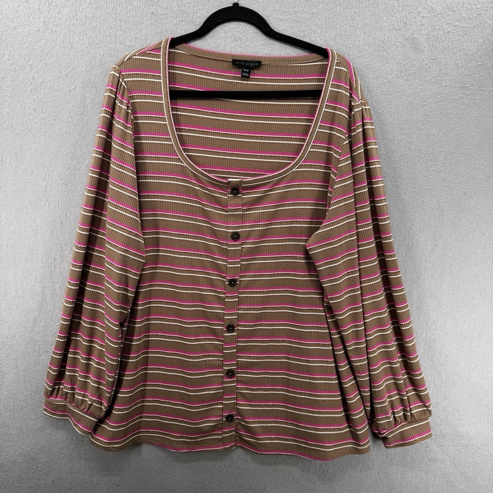 Lane Bryant Top Womens Size 18/20 Brown Pink Ribbed Metallic Button Front Chic